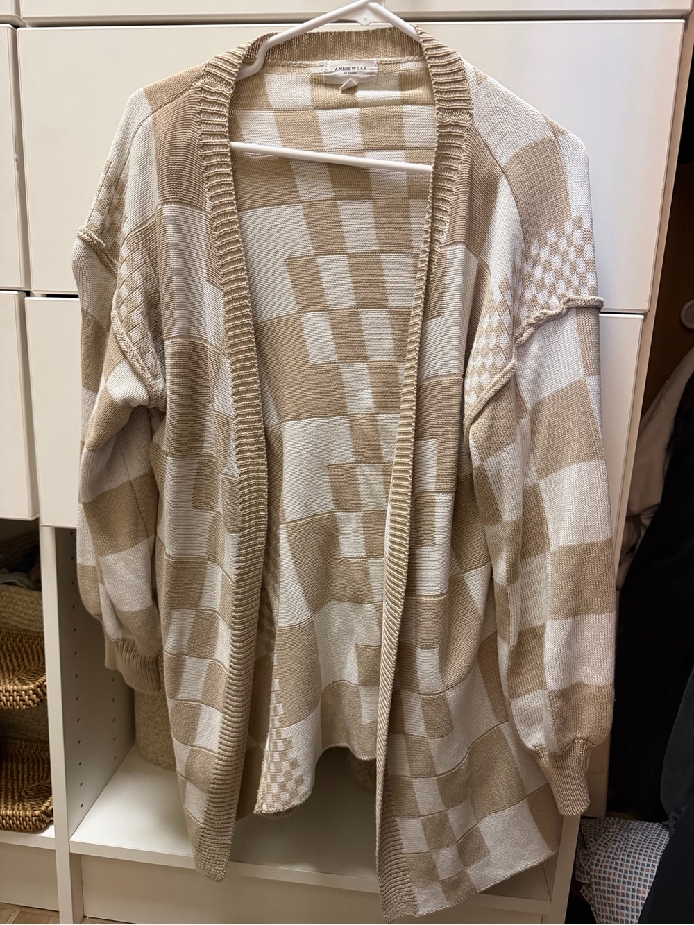 Anine Bing Beige and Cream Checker Open-Front Cardigan